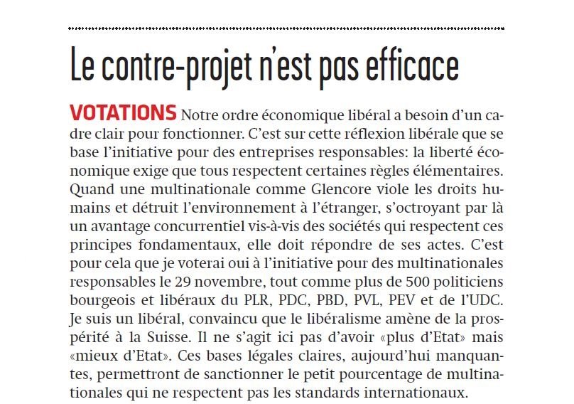 ComiteBourgeois's tweet photo. "On tente de nous faire croire que le contre-projet est la solution: soyons honnêtes, c’est de l’esbroufe." Dans @lenouvelliste, le député PLR valaisan et président de Veyras Stéphane Ganzer explique son Oui à des #MultinationalesResponsables! #CHvote 

https://t.co/yTQU1NZBX1 https://t.co/99laina8gk