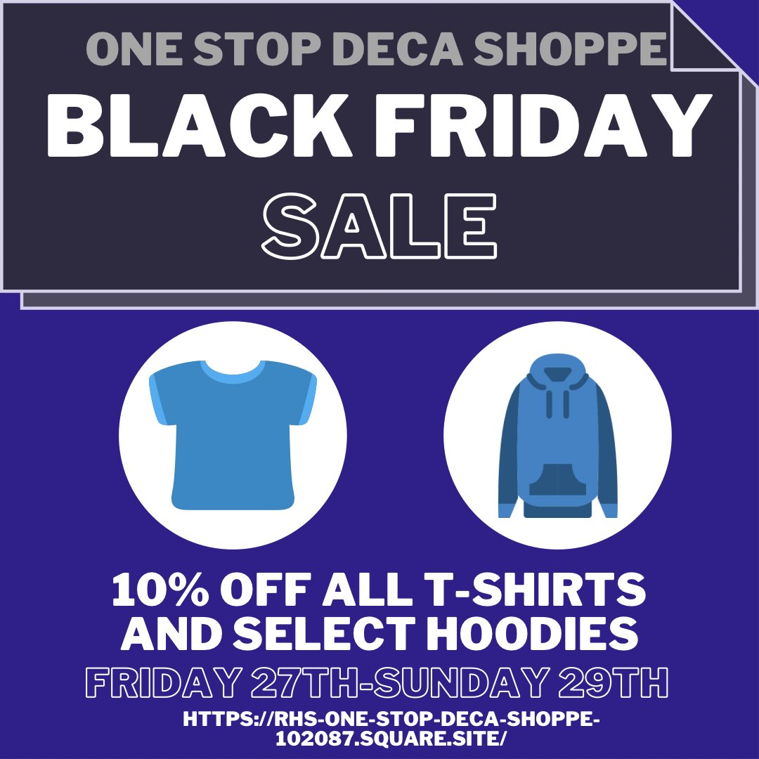 🦃Happy Thanksgiving Week!🦃 Get ready for this weekend with the 🔷One Stop DECA Shoppe🔷 Black Friday Sale! ✨10% off TShirts and select Hoodies✨ Friday(11/27) to Sunday(11/29) Online Only …e-stop-deca-shoppe-102087.square.site