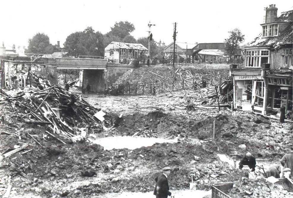 The Supermarine factory on the banks of the River Itchen at Woolston was notable for being the place where the Spitfire was designed and first built. This image shows Bridge Road in Woolston after the nearby Supermarine factory was targeted in September 1940.