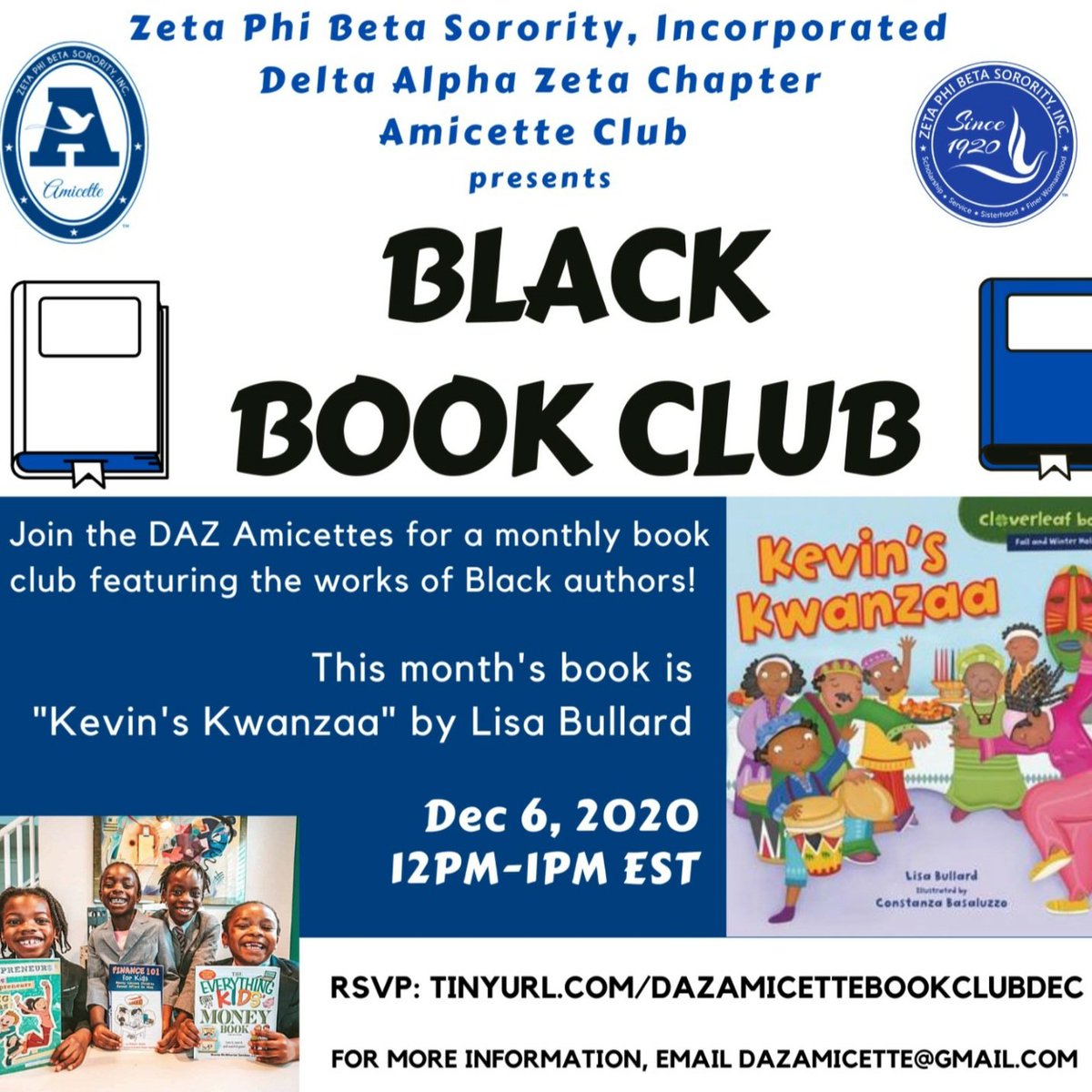 BrooklynZetas's tweet photo. Join the DAZ Amicettes for a monthly book club featuring the works of Black authors! 📖
The book we will be reading on December 6th is "Kevin's Kwanzaa" by Lisa Bullard 

December RSVP Link: 
https://t.co/c2nGnfAmVO https://t.co/T1rHQnQ4Uz