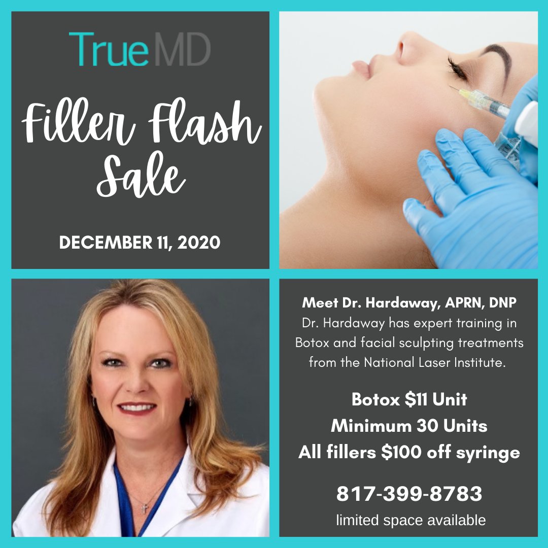 DrTrueMD's tweet photo. It is a Filler Flash Sale with LIMITED spots available.  One day only - Friday December 11.
Call now and reserve your spot 817-399-8783

#filler #fillersale #botox #antiaging #truemd #colleyvilletx #southlaketx #onedaysale https://t.co/JZvrxK8MYC