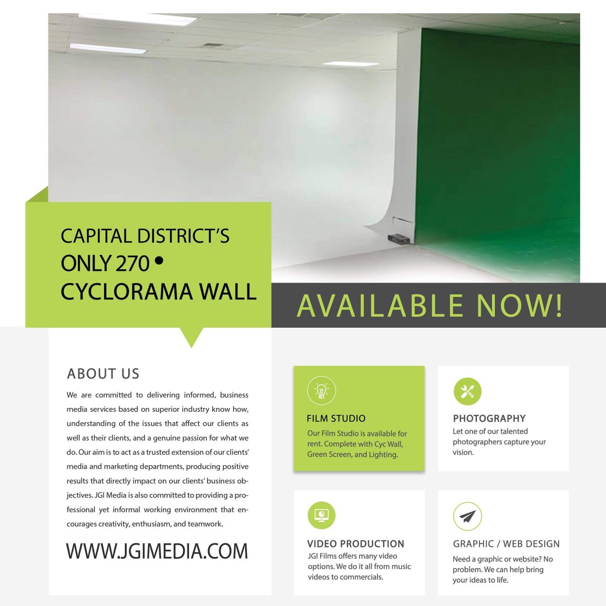 Now available !! Cyclorama wall , green screen , and more !! #albany #newyork #cyclorama #wall #cycwall #photography #webdesign #video #production #graphicdesign #jgimedia