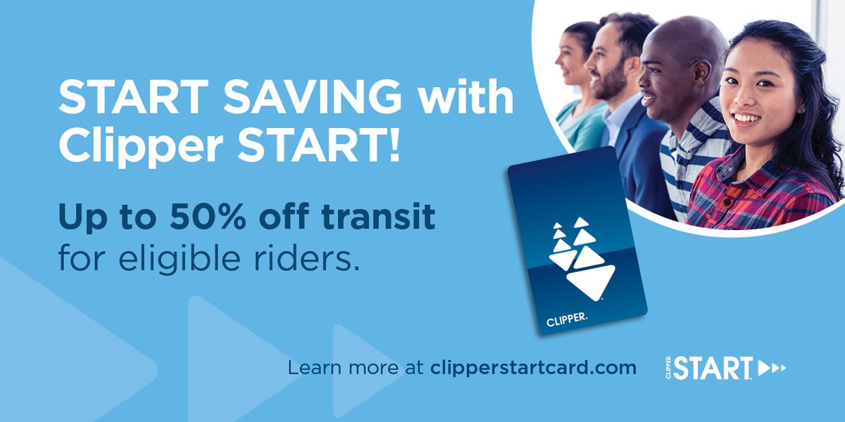 Bay Area Clipper (@bayareaclipper) on Twitter photo Six more agencies are now offering Clipper START discounts! Bay Area residents age 19-64 who meet certain income requirements can receive up to 50% off transit.
Learn more at clipperstartcard.com.
<a href="/smarttrain/">SMART Train</a> <a href="/marintransit/">marin transit</a> <a href="/PetalumaTransit/">PetalumaTransit</a> <a href="/SRCITYBUS/">Santa Rosa CityBus</a> <a href="/SFBayFerry/">San Francisco Bay Ferry</a> @SoCo_TPW Six more agencies are now offering Clipper START discounts! Bay Area residents age 19-64 who meet certain income requirements can receive up to 50% off transit.
Learn more at clipperstartcard.com.
<a href="/smarttrain/">SMART Train</a> <a href="/marintransit/">marin transit</a> <a href="/PetalumaTransit/">PetalumaTransit</a> <a href="/SRCITYBUS/">Santa Rosa CityBus</a> <a href="/SFBayFerry/">San Francisco Bay Ferry</a> @SoCo_TPW