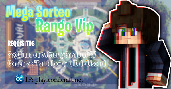 CoralCraftSV's tweet photo. ¡MEGA SORTEO!
Para agradeceros por jugar en nuestro servidor, queremos sortear un Rango VIP en una de nuestras modalidades.
Pasos a seguir:
➼ Síguenos en Twitter @CoralCraftSV 
➼ Comenta "Participo" y tu ID de Discord

Resultados: 28/11/2020 18:00 PM (Hora Miami)
¡Mucha Suerte! https://t.co/nl4JRzmHW4