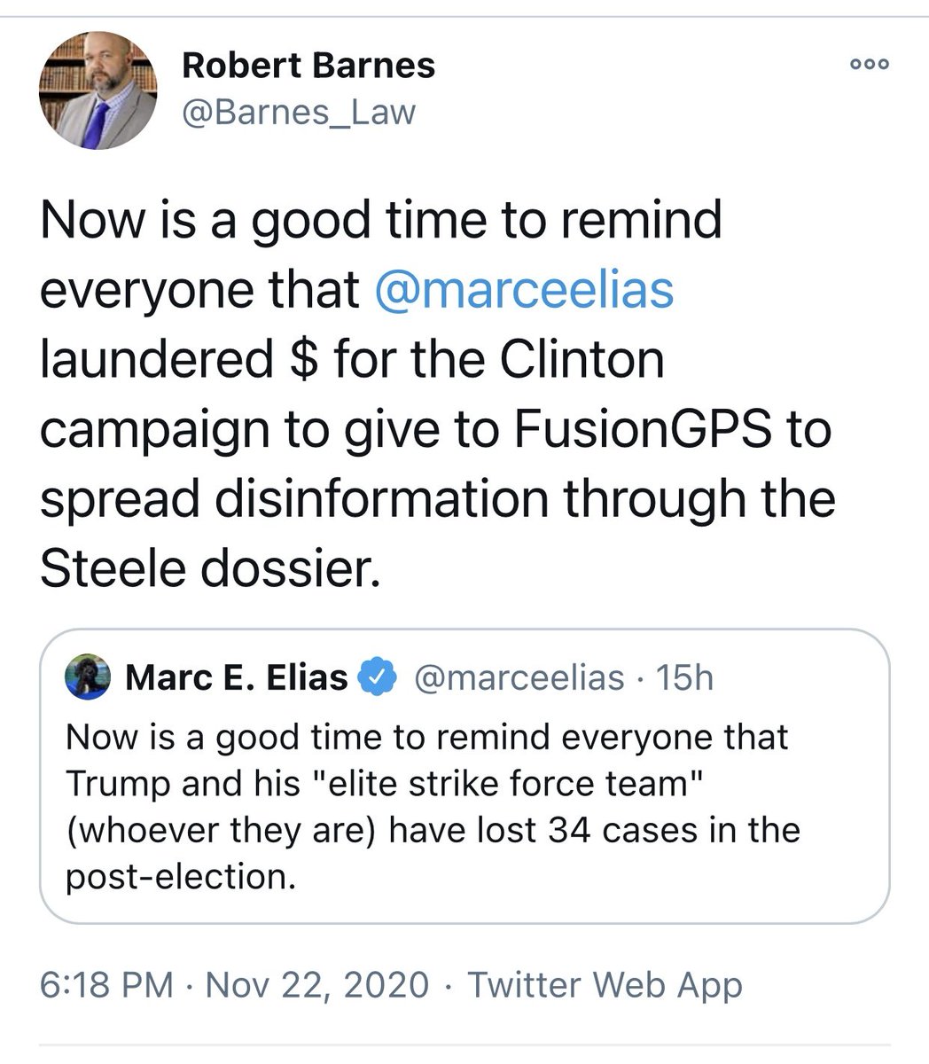 Framing the innocent?  @marceelias would like to point out that POTUS' legal squad has been shot down in every Chicom back-pocket court in which they've tried to argue a case?Gee what a surprise.color me PURPLE?LAW OF ARMED CONFLICT matters. https://twitter.com/Barnes_Law/status/1330651905660317697?s=20
