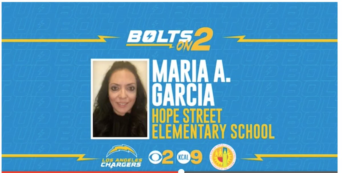 LASchools's tweet photo. @Chargers, @CBSLA  and L.A. Unified congratulate Maria A. Garcia from @HopeStreetES as Teacher of the Week! (Nov. 16) @lausdLDE @Jackie4LAkids https://t.co/Z1ZYedu7FA https://t.co/xJmQWPt79B