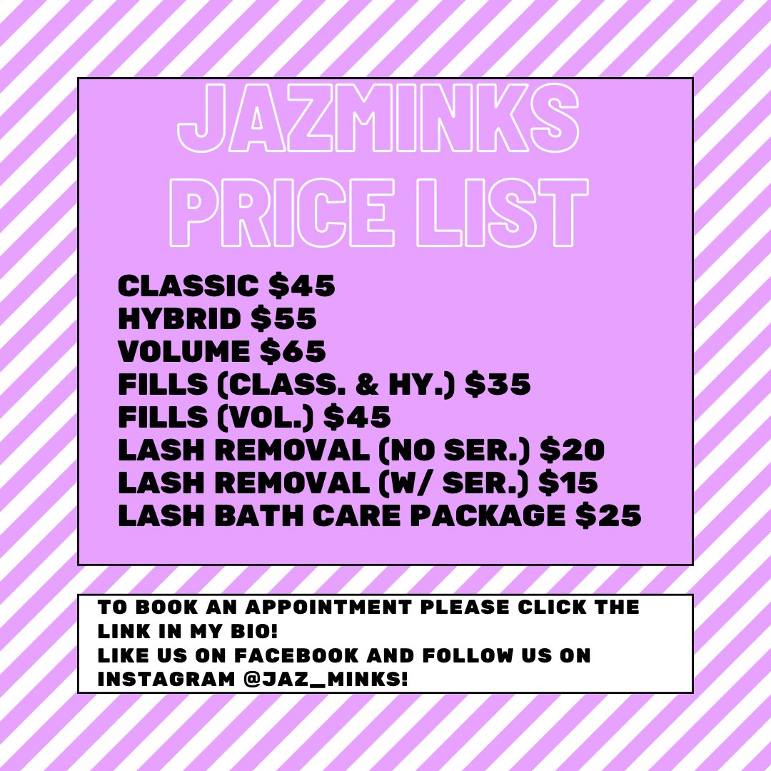 97Esthetics's tweet photo. Good morning ladies, starting January 1st, 2021 this will be my official pricing until further notice. $10 deposit goes towards your appointment and MUST be paid before/when booking. I am CURRENTLY doing a $30 classic eyelash special until the end of the year! Book! ✨✨✨✨✨ RT https://t.co/Abpkyh03hB
