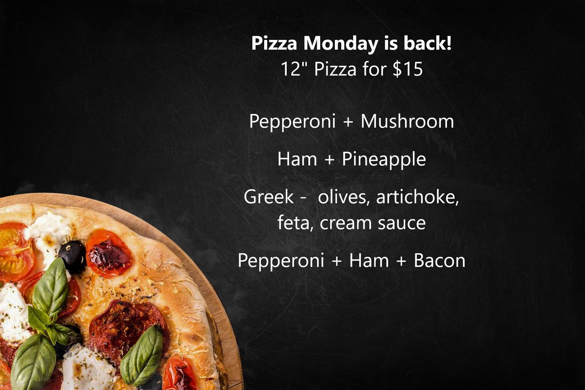 Mondays are still a great day for Pizza. Come on down to the club and try one of our new creations! Don't forget - Happy Hour goes from 3-6pm with great drink prices. See you at the club, or email peter@vernongolf.com for take out.