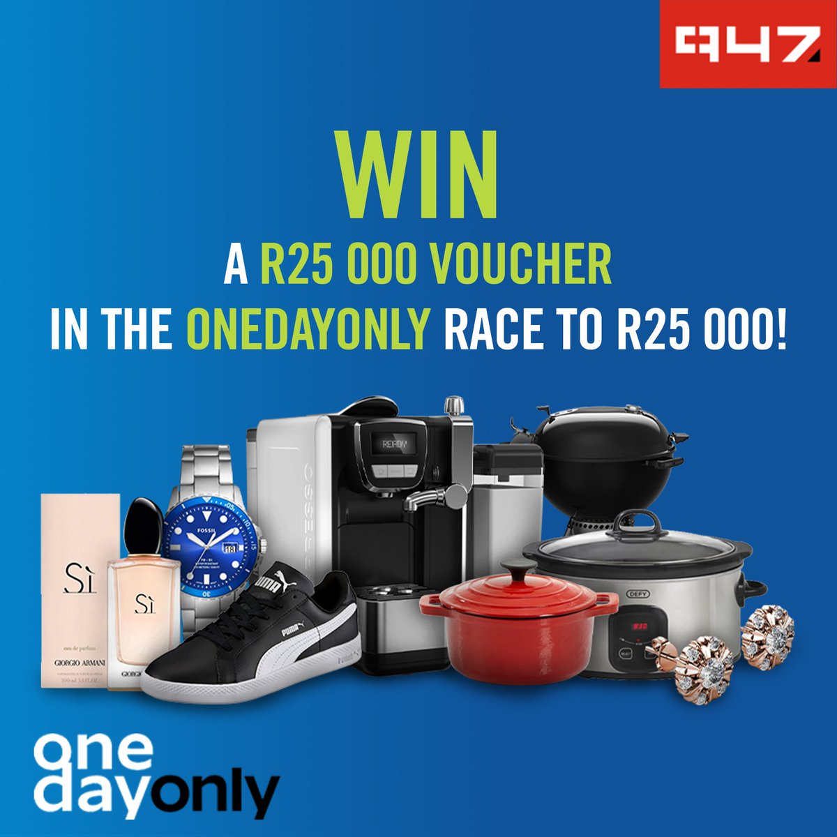 947's tweet photo. Itβs what youβve been waiting for! The @OneDayOnlySale Race to R25,000 is back and you have the chance of walking away with a R25,000 OneDayOnly voucher. But you need to listen all day β because the person with the most points wins #100PercentOff
ENTER | https://t.co/H2btNGa79Y https://t.co/8VAYMr4eVO