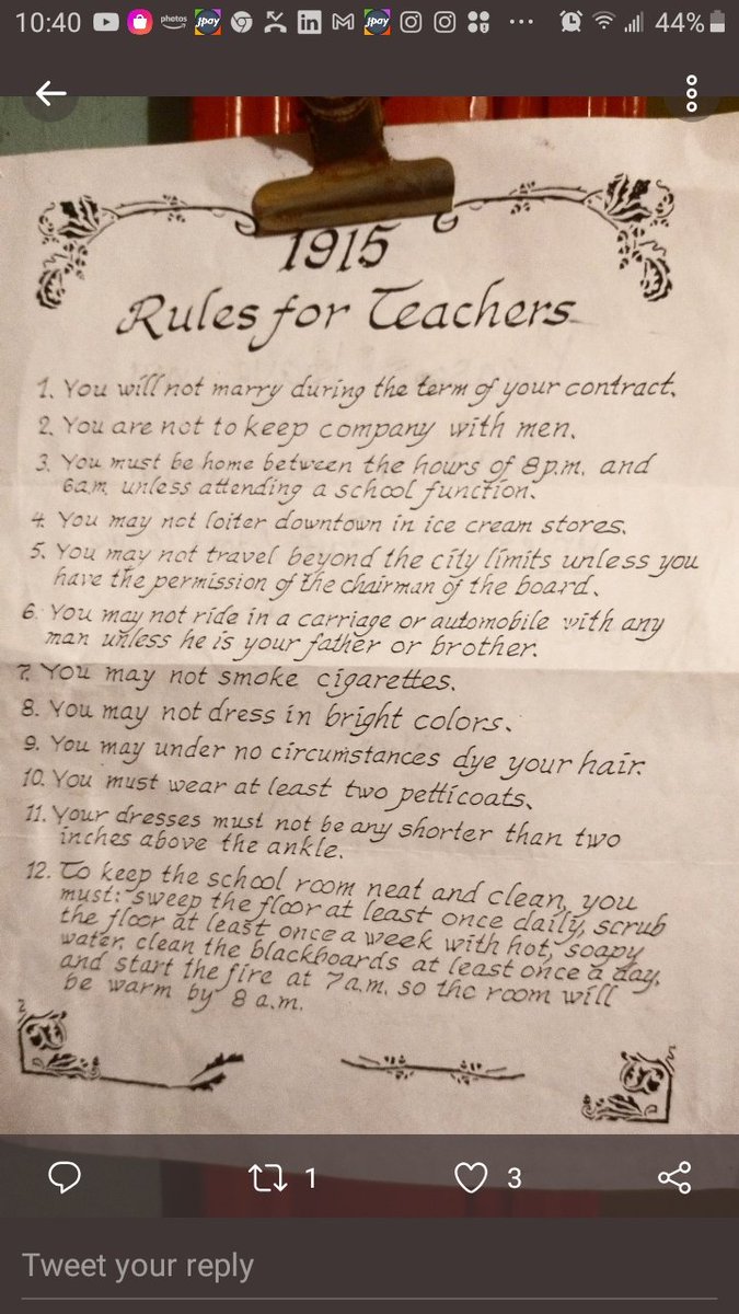 TweetWriteLearn's tweet photo. 1915 Rules for Teachers https://t.co/fszLUquzVh