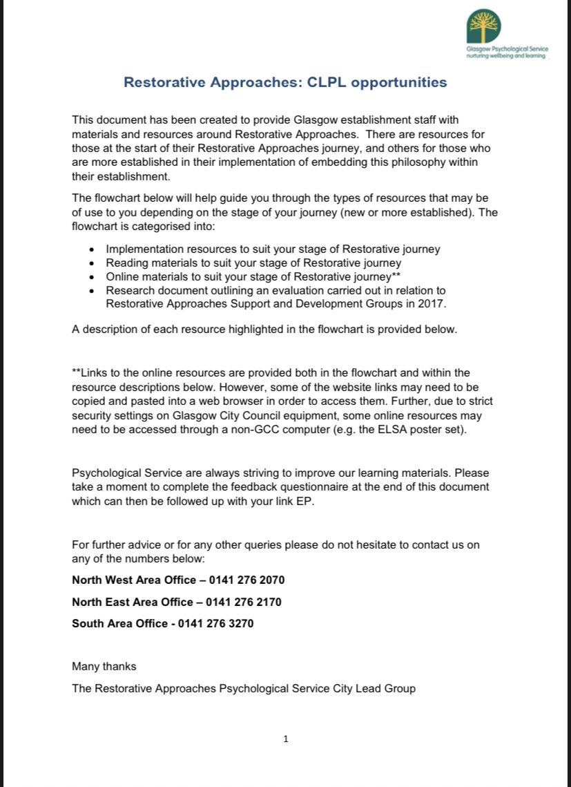 And further info and guidance on how to implement RA in schools can be found in the document at the link below. Including a flow chart that will help you or your establishment decide what would be the most appropriate next step in your RA journey. https://blogs.glowscotland.org.uk/glowblogs/public/glasgowpsychologicalservice/uploads/sites/4587/2020/06/11110758/Restorative-Approaches-Flowchart-10.06.20.pdf