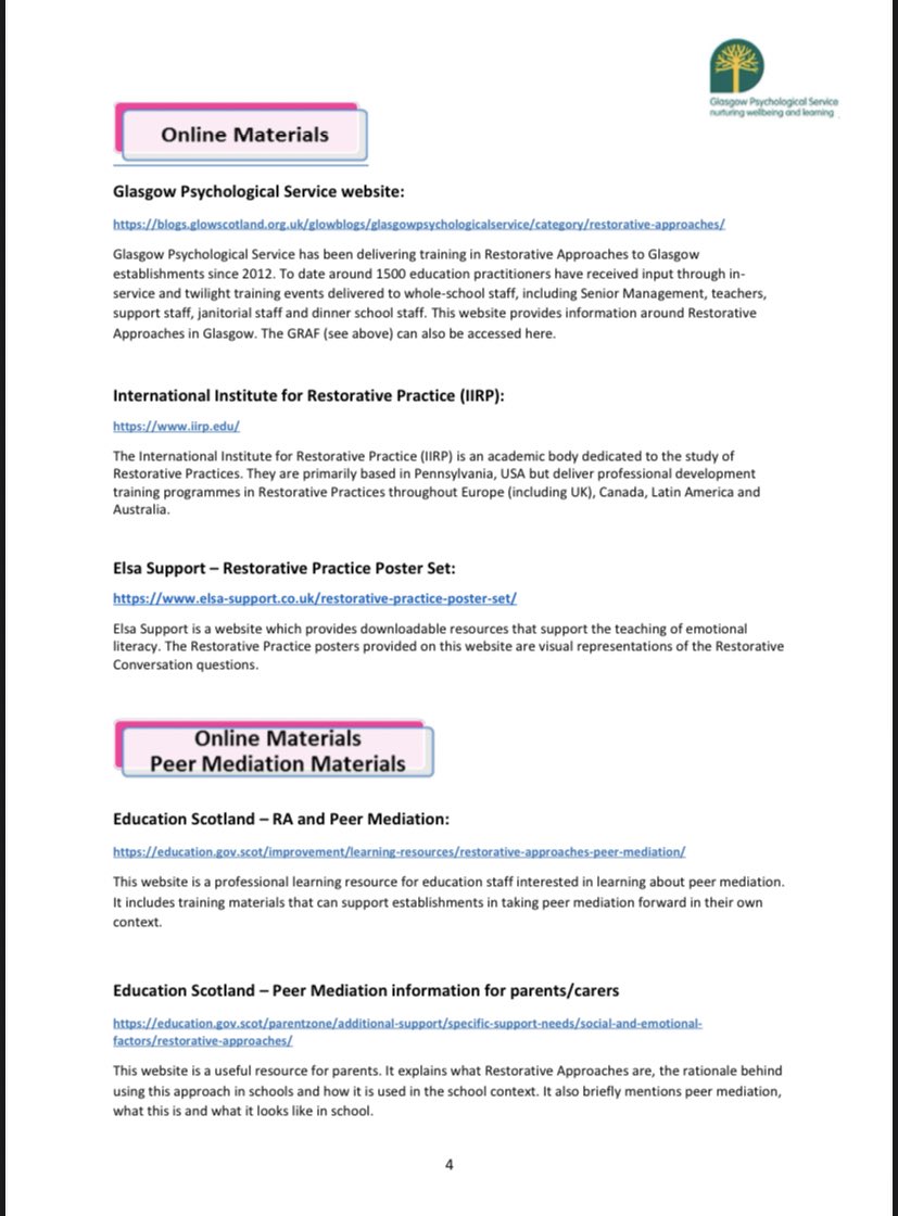 And further info and guidance on how to implement RA in schools can be found in the document at the link below. Including a flow chart that will help you or your establishment decide what would be the most appropriate next step in your RA journey. https://blogs.glowscotland.org.uk/glowblogs/public/glasgowpsychologicalservice/uploads/sites/4587/2020/06/11110758/Restorative-Approaches-Flowchart-10.06.20.pdf