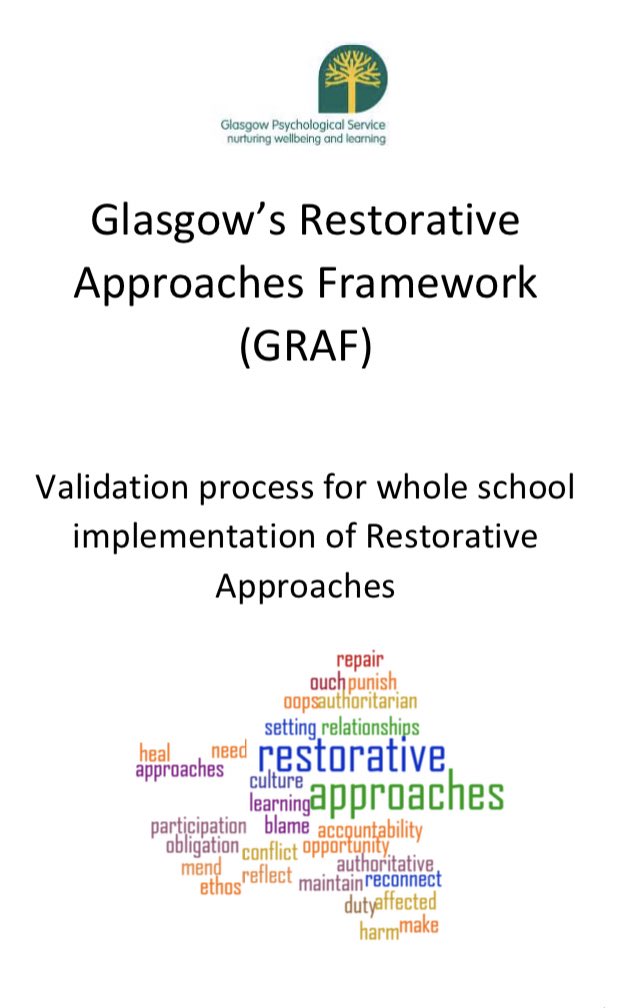 Our RA group have developed GRAF (Glasgow’s Restorative Approaches Framework), a resource to support schools with implementation and accreditation in RAContact your link EP for more info on GRAF can be found here, or see here: https://blogs.glowscotland.org.uk/glowblogs/public/glasgowpsychologicalservice/uploads/sites/4587/2020/06/26083039/GRAF-final.pdf