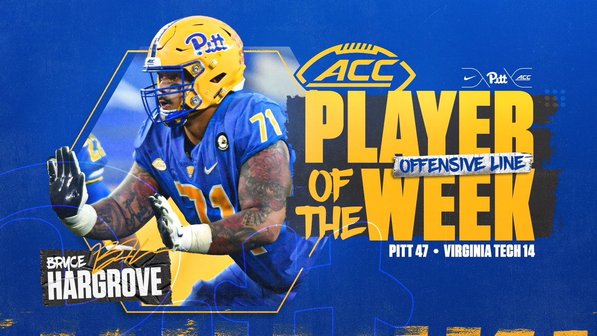 Pitt_FB's tweet photo. 🏆 ACC OL of the Week 🏆

Bryce Hargrove | @BryceDeenie 
 
✔️ Veteran catalyst for Pitt’s OL
✔️ 52 pass attempts, 0 sacks
✔️ Helped Pitt tally 556 total yards

#H2P https://t.co/bIlsN6jpZP
