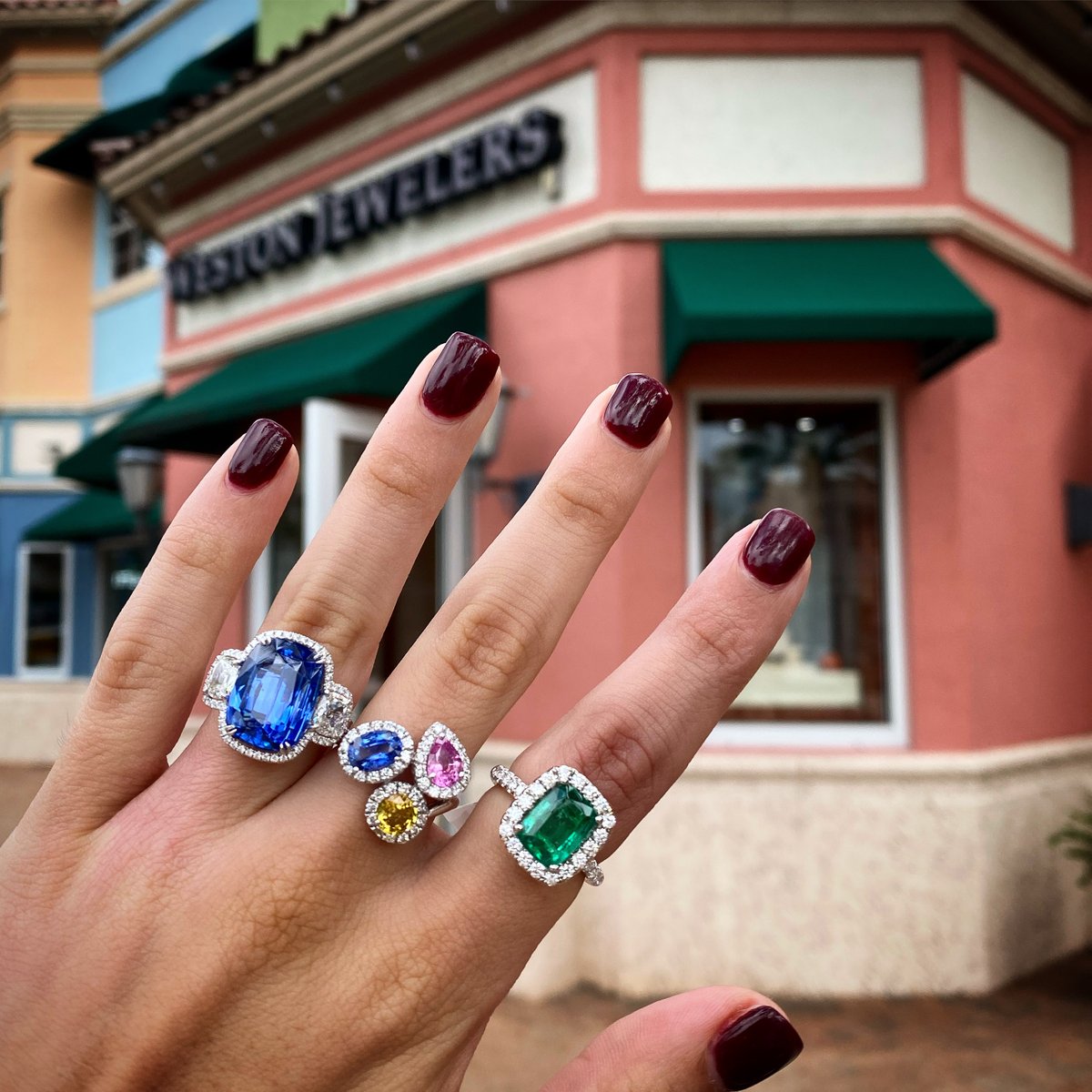 The only Monday blues we're feeling are these gorgeous #sapphirerings! Plus an #emerald, because you can never have too much color #WestonJewelers #jewelers #diamonds #sapphires