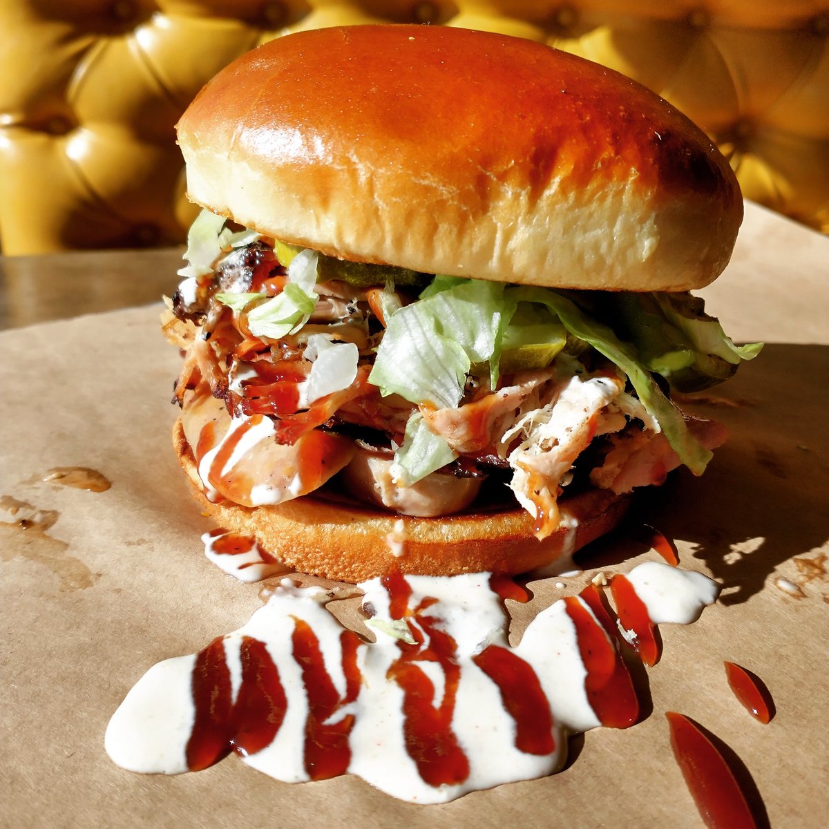 sugarfirewesty's tweet photo. My "Pig Muddy" brings all the pigs to the pen!
Stacked with smoked pulled pork, jalapeño cheddar sausage, lettuce, pickle, St. Louis Sweet BBQ, and Alabama White Sauce, this weeks special's only $12.99 W/ a side!!!

#sugarfirewesty #weeklyspecial #pigmuddy #yourewelcome #saucy https://t.co/mKEjIjDfmh