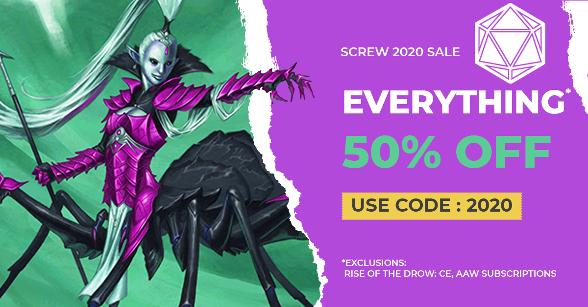 RETWEET to enter our daily $10 Store Credit contest!
TODAY: Win $10 or Mini-Dungeon Monthly 7
50% OFF EVERYTHING*/Coupon Code: 2020
AAWGames.com
Hardcovers, Vinyl Maps, Fantasy Grounds, PDFs, more!
#dnd #dnd5e #starfinder #pathfinder #savageworlds  #dungeonsanddragons