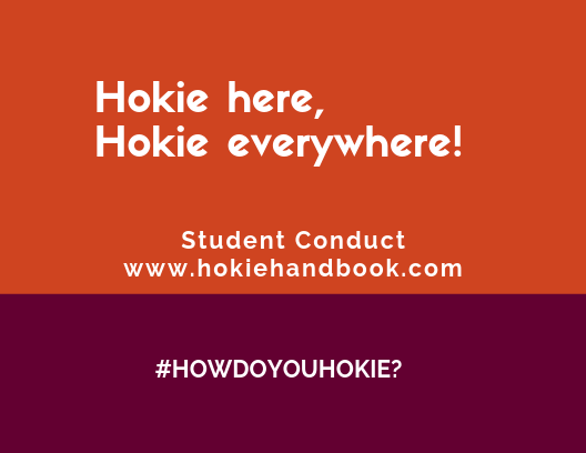 VTConduct's tweet photo. Remember Hokies, The Code of Conduct applies wherever you are! Be safe as you return to your homes for the semester! https://t.co/0dY2Z9l4zP
