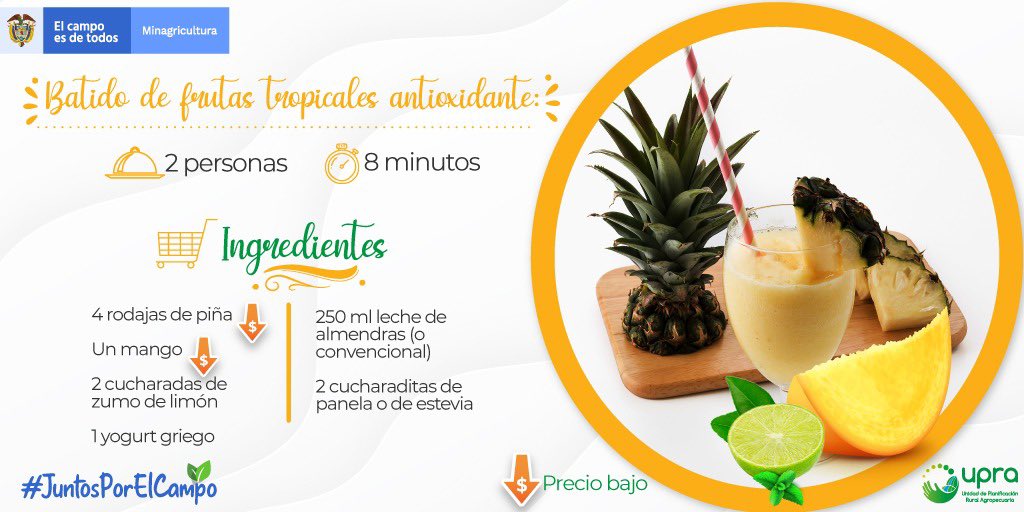 🛒Disfruta el mejor #SaborDeColombia | Hoy traemos la receta de un delicioso batido hecho con #piña🍍y #mango🥭. Frutas que han mantenido ⬇️ bajo precio por más de cuatro semanas, de acuerdo con el reporte de abastecimiento de #UPRA y #Sipsa @DANE_colombia #JuntosPorElCampo https://t.co/ze44RQBgvm