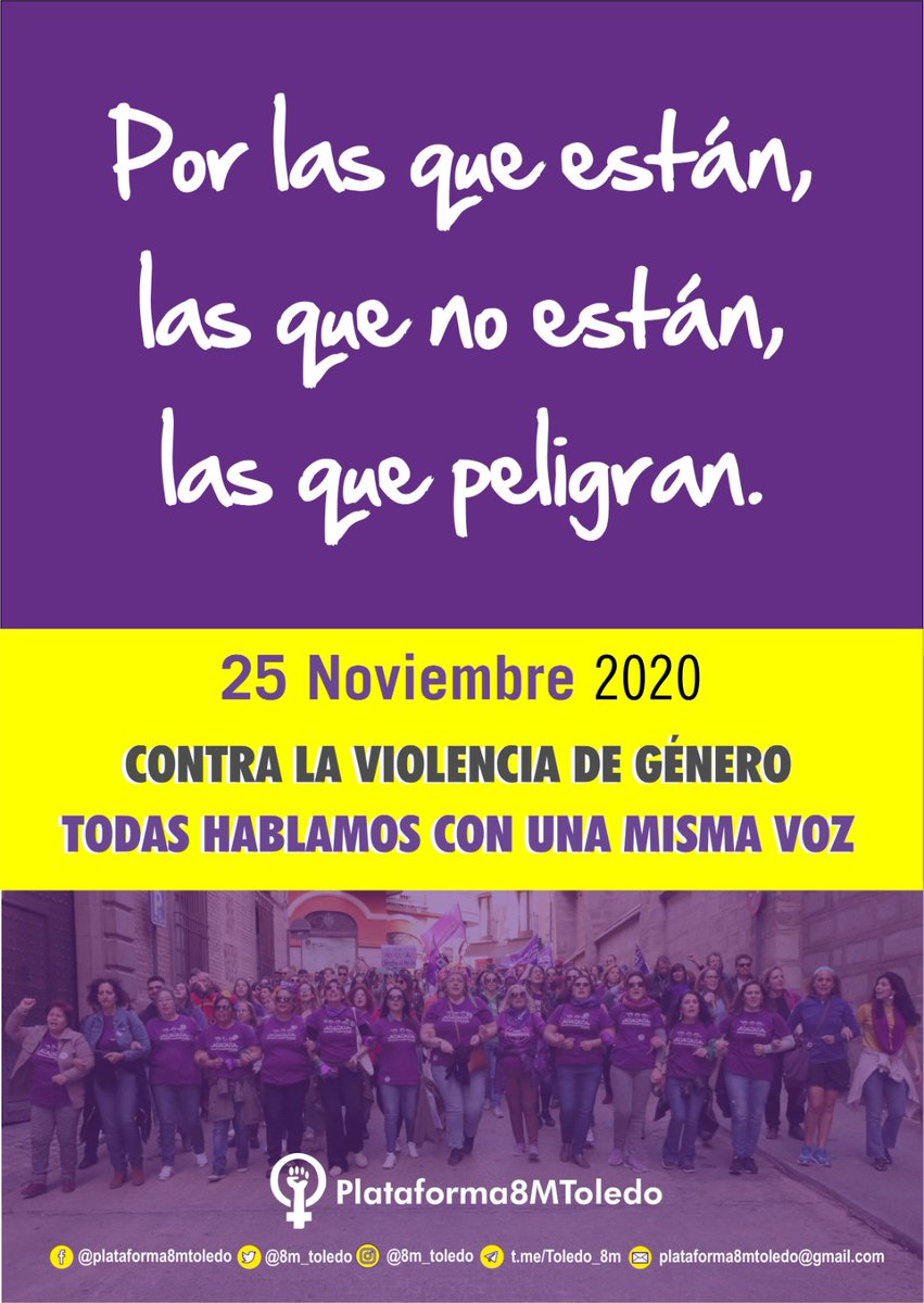 Contra la Violencia de Género TODAS hablamos con UNA MISMA VOZ 
Por las que están!
Las que no están!
Las que peligran!

#25NToledo #25N2020 #25NCLM