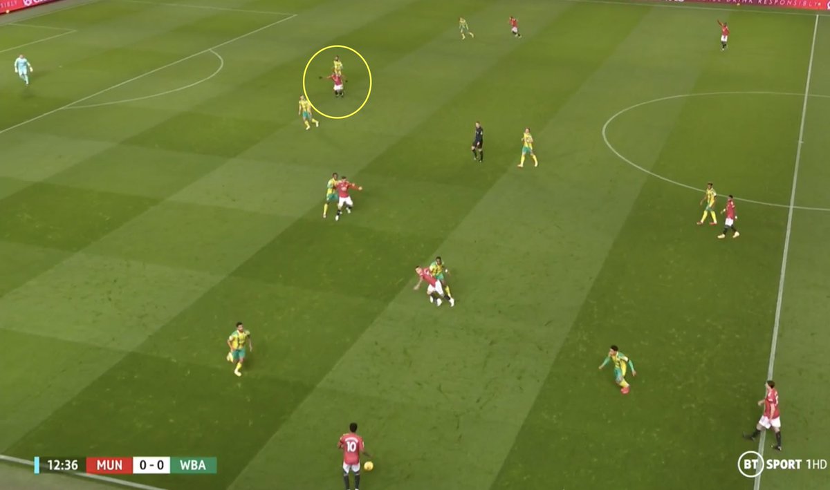 4. Through Ball. Martial asks for the ball here. His position is excellent, tucked in between the two CB’s. Should be doing it more.B. Matic with a lofted through ball. C. Rashford again. Again: dynamism in attack against passive teams. Good signs.