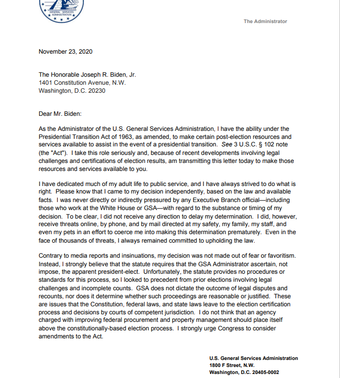JoeKhalilTV's tweet photo. Gen. Services Admin. Emily Murphy officially acknowledges Joe Biden's electoral win-formally begins transition process. 

In letter to Biden she says decision to delay "was not made out of fear or favoritism...Contrary to media reports and insinuations" @NewsNationNow #nexstarDC https://t.co/P0lszDQrVK