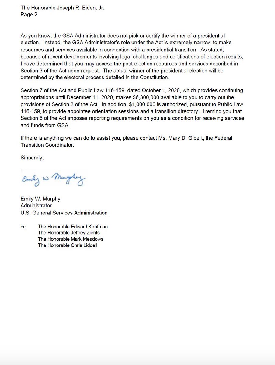 Sick. Biden fans have made phone, mail and online threats to the family and pet of  @GSAEmily that I am sure FBY Wray will investigate like he did a “noose.” @GSAEmily writes that due to recent state certifications of results,  @TeamJoe can now start the transition process.