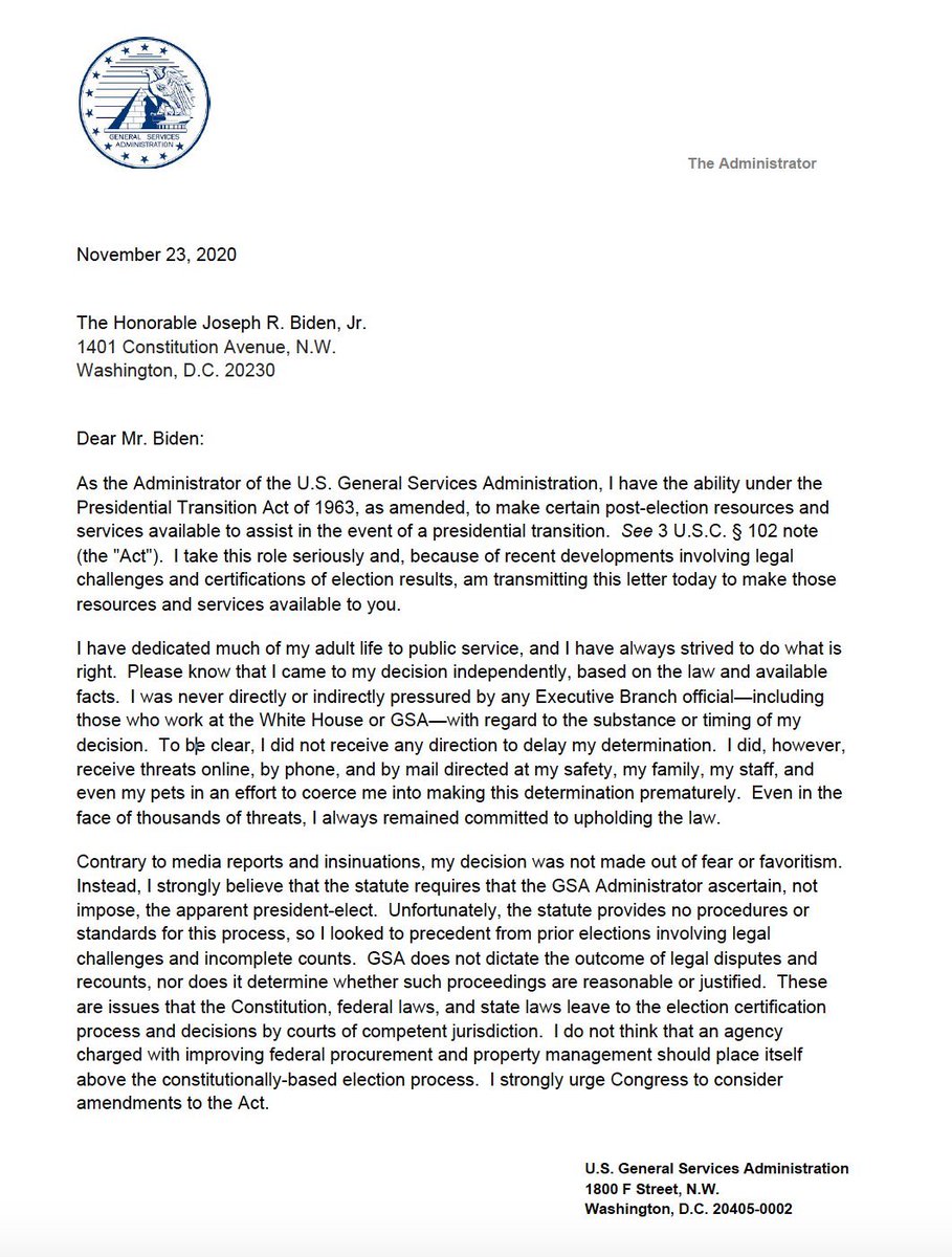 Sick. Biden fans have made phone, mail and online threats to the family and pet of  @GSAEmily that I am sure FBY Wray will investigate like he did a “noose.” @GSAEmily writes that due to recent state certifications of results,  @TeamJoe can now start the transition process.