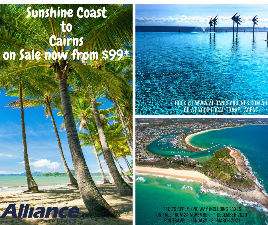 Sale on now! Sunshine Coast to Cairns 🏝️book at allianceairlines.com.au or your local Travel Agent #allianceairlines #fokker #ChristmasIsComing #travelagent
