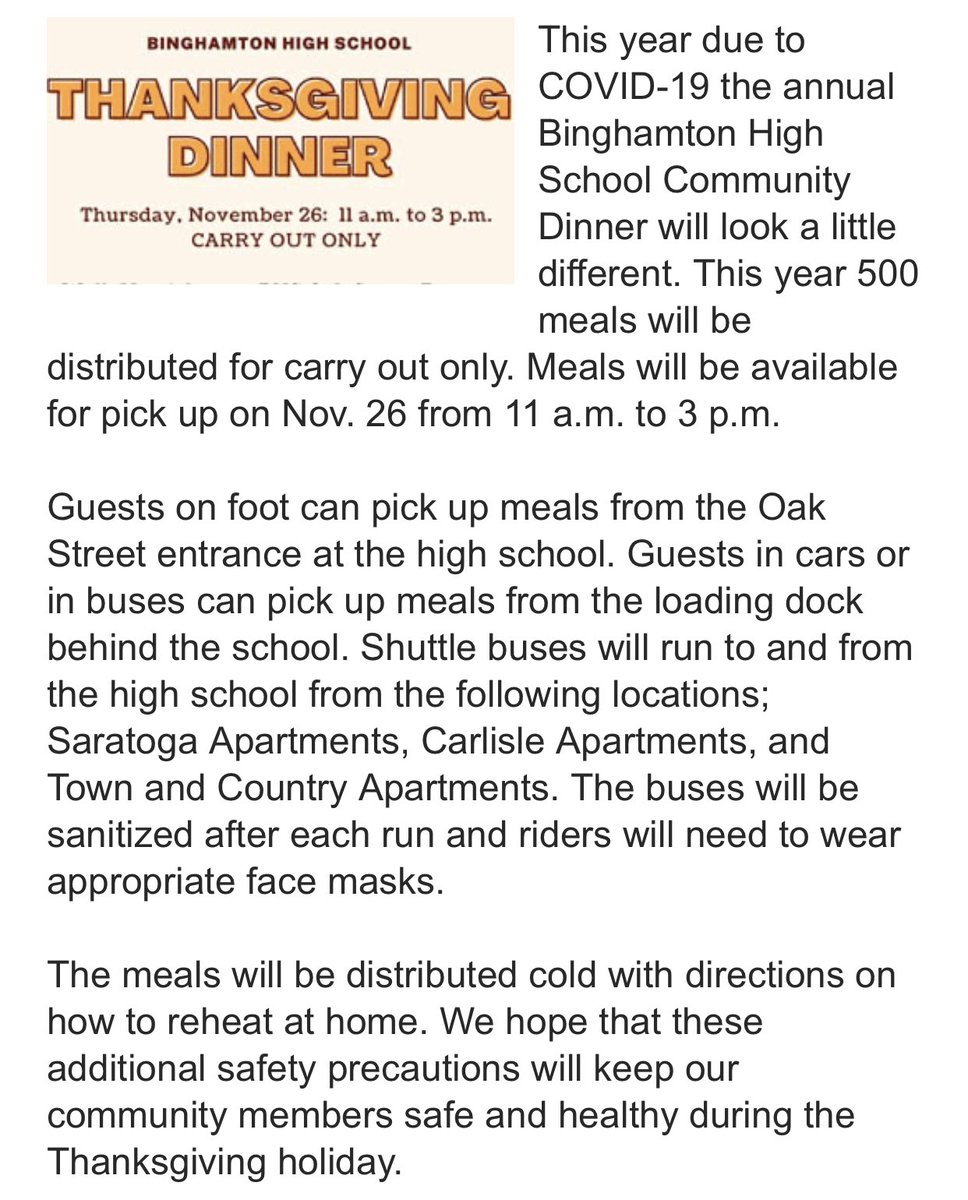 Thank you Binghamton High School for continuing the Thanksgiving Dinner tradition!
<a href="/Kevin_Richman/">Kevin J Richman</a> <a href="/BinghamtonCSD/">Binghamton CSD</a> 

#connectedcommunity 
#ThanksgivingMeal
#Binghamton