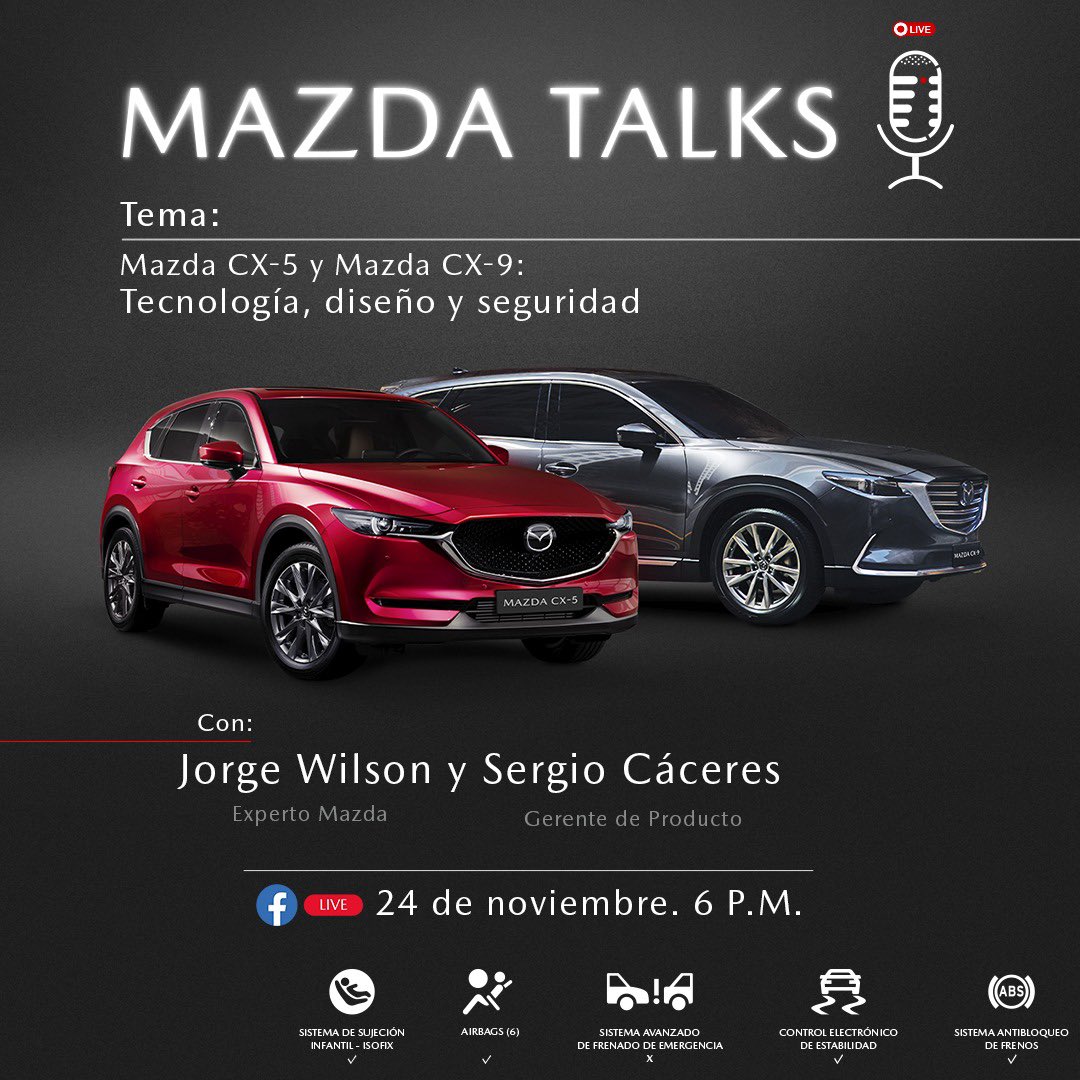 mazdacolombia's tweet photo. Únete a #MazdaTalks y sorpréndete con todo lo que conocerás sobre nuestras SUV´s #MazdaCX5 y #MazdaCX9, junto a nuestros expertos. ¡Prepara tus preguntas y conéctate! https://t.co/XdXj7BuL0W