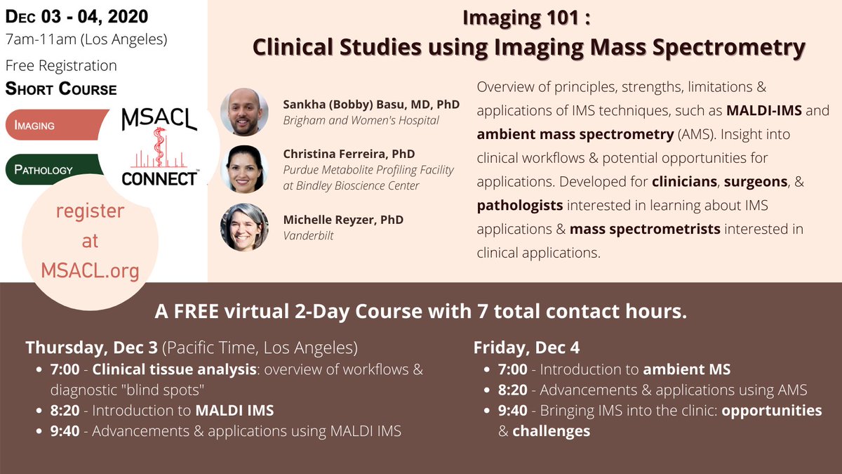 MSACL's tweet photo. To ensure everyone interested can attend this course, price is now FREE and hours adjusted to better accommodate a global audience. 7 hours of instruction in #MALDI &amp; ambient MS, tissue analysis, advances &amp; opportunities. https://t.co/1ZEJn1zVw7
#MassSpectrometry #TeamMassSpec https://t.co/zpqjhjAGIC