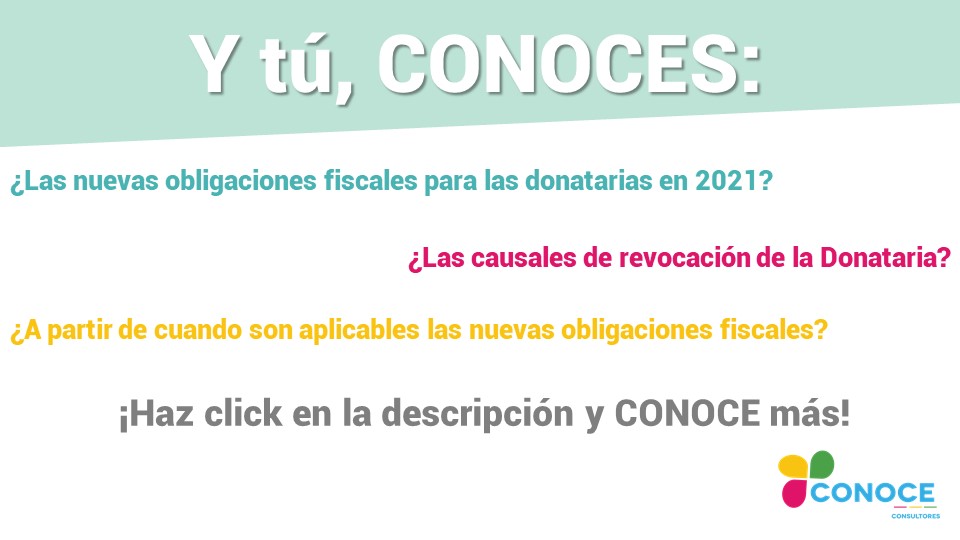 CONOCEConsultor's tweet photo. ¿Ya viste las nuevas obligaciones fiscales que tienen las Donatarias Autorizadas para 2021?
Da clic acá para saber más...
https://t.co/n98skTfSzR https://t.co/dCGisKjusV