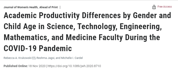 Our new paper assessed effect of the  #COVID19 pandemic on STEMM faculty productivity and evaluated differences by gender & child-status. Women & those w young children most affected.A thread for  #AcademicTwitter:Pub link:  https://www.liebertpub.com/doi/full/10.1089/jwh.2020.8710Co @DrBeccaK  @reshmajagsi