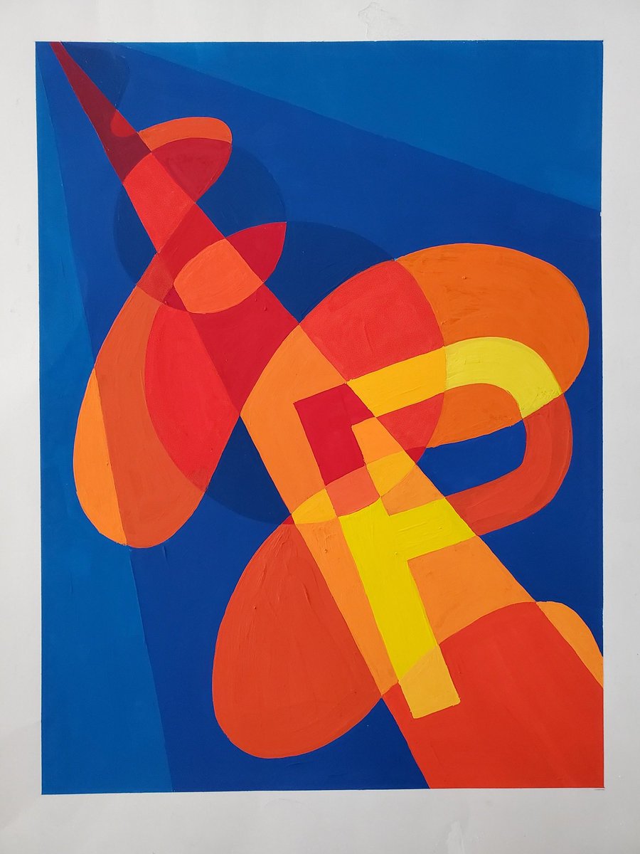 真作】絵画 技法不明 港の構築 抽象構成と鮮烈な色彩 構成的色彩画 Y5