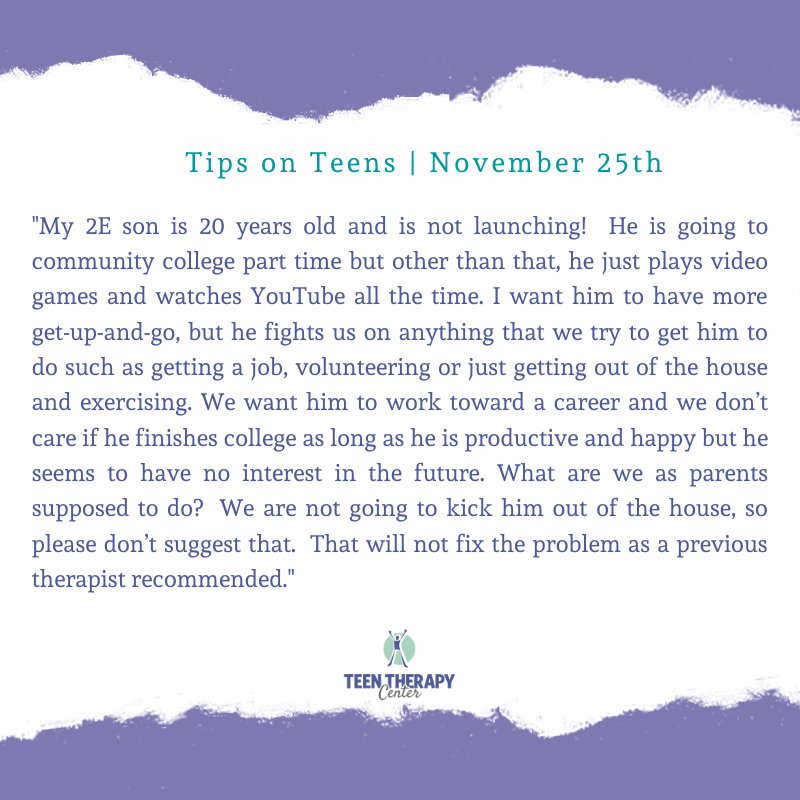 TeenTherapyHelp's tweet photo. Tune in to TipsOnTeens on FB Live Wednesday, 11/25 at noon to hear Kent answer this question.

#2e #TeenMentalHealth #parentingtips https://t.co/twNwsyi90C