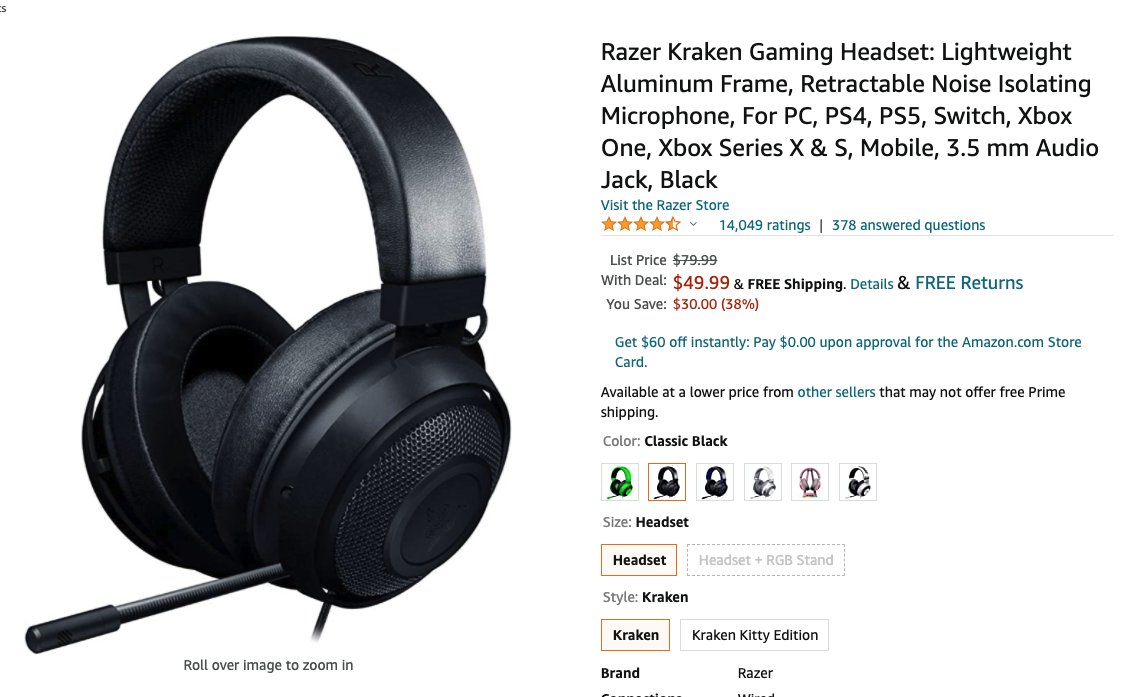  Razer Kraken Gaming Headset: Lightweight Aluminum Frame -  Retractable Noise Isolating Microphone - for PC, PS4, PS5, Switch, Xbox  One, Xbox Series X & S, Mobile - 3.5 mm Headphone Jack 