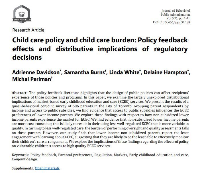 Journal_BPA's tweet photo. New paper out! A quasi-behavioral conjoint study on child care policy and child care burden.
By Adrienne Davidson, Samantha Burns, @Linda_A_White, Delaine Hampton & Michal Perlman.
Go read it in full here here --> https://t.co/VAuRKJsgmE
#behavioralPA https://t.co/es3v1cmoCC