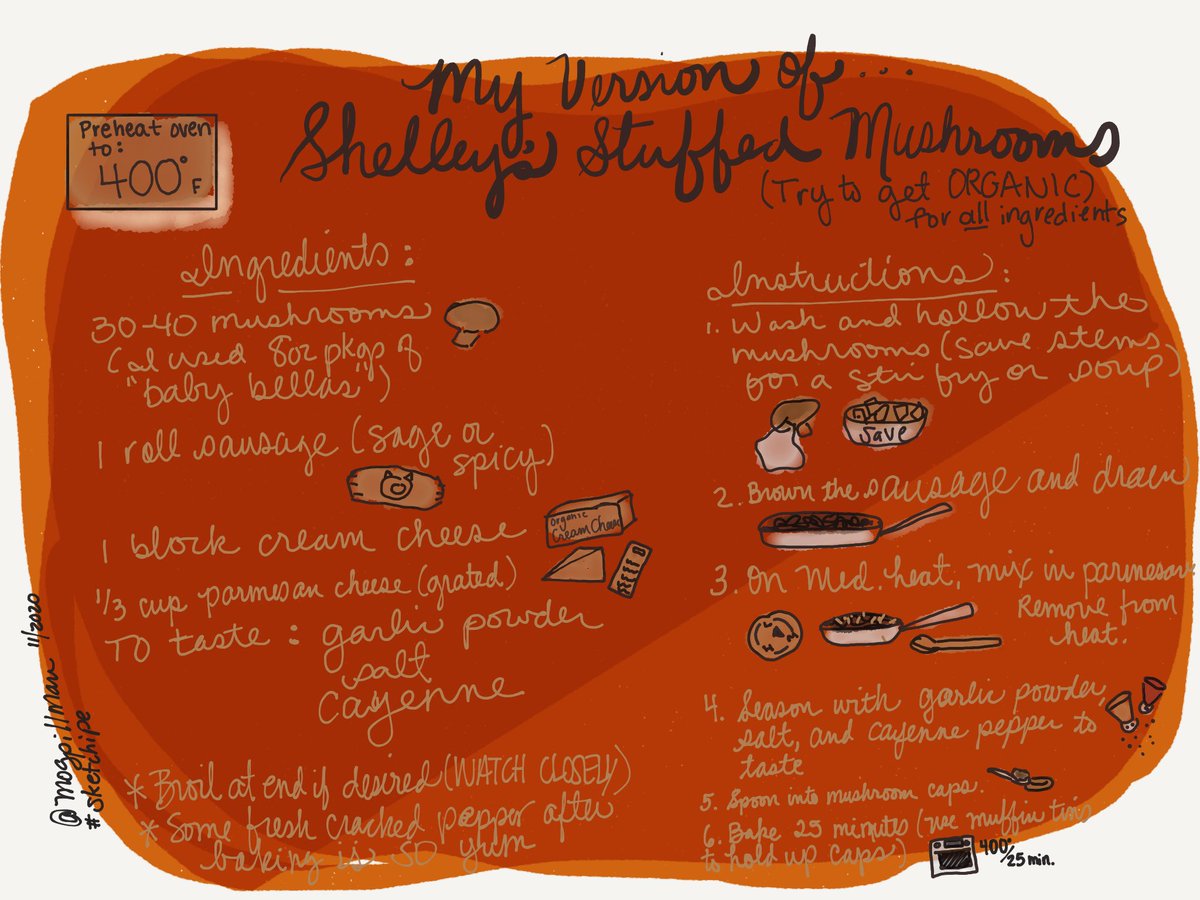 mospillman's tweet image. Day 23 #GratitudeSnaps Finally have time to make these YUMMMY stuffed mushrooms shared by @burgess_shelley in @dbc_inc’s Sunday Seven last year! And time to create a #sketchipe for my version (Had to adapt be I have a sensitive tummy 😋)