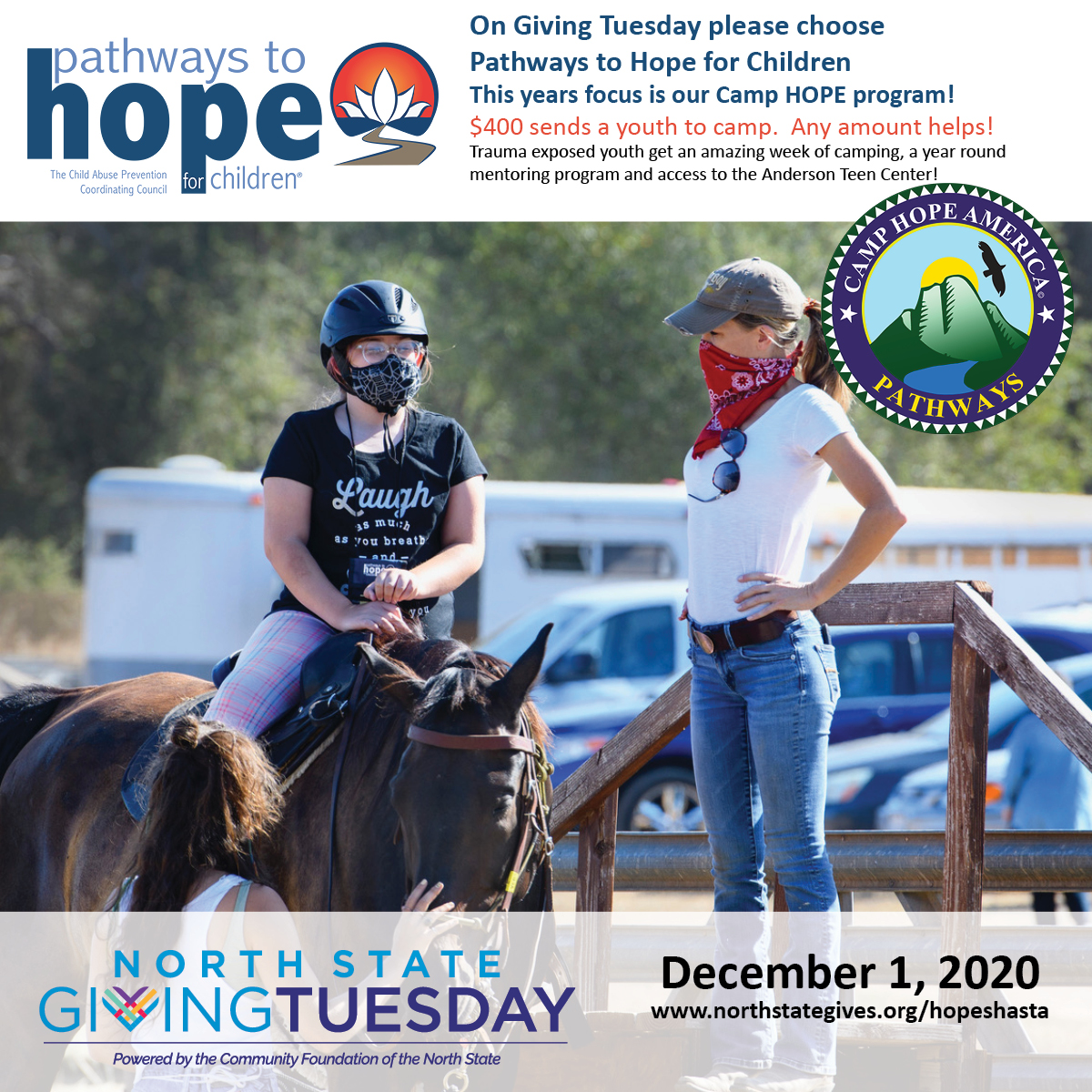 Pathways4Hope's tweet image. Did you know that Giving Tuesday is a global generosity movement that transforms communities through giving back? If you would like to join in the movement, and help us send Shasta County youth to a camp and year round mentoring program, visit northstategives.org/hopeshasta
