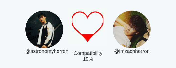 astronomyherron's tweet photo. My love compatibility with @imzachherron is 19%

Calculated with https://t.co/77XAmx0NYT

⠀ https://t.co/pzf2unz2O0