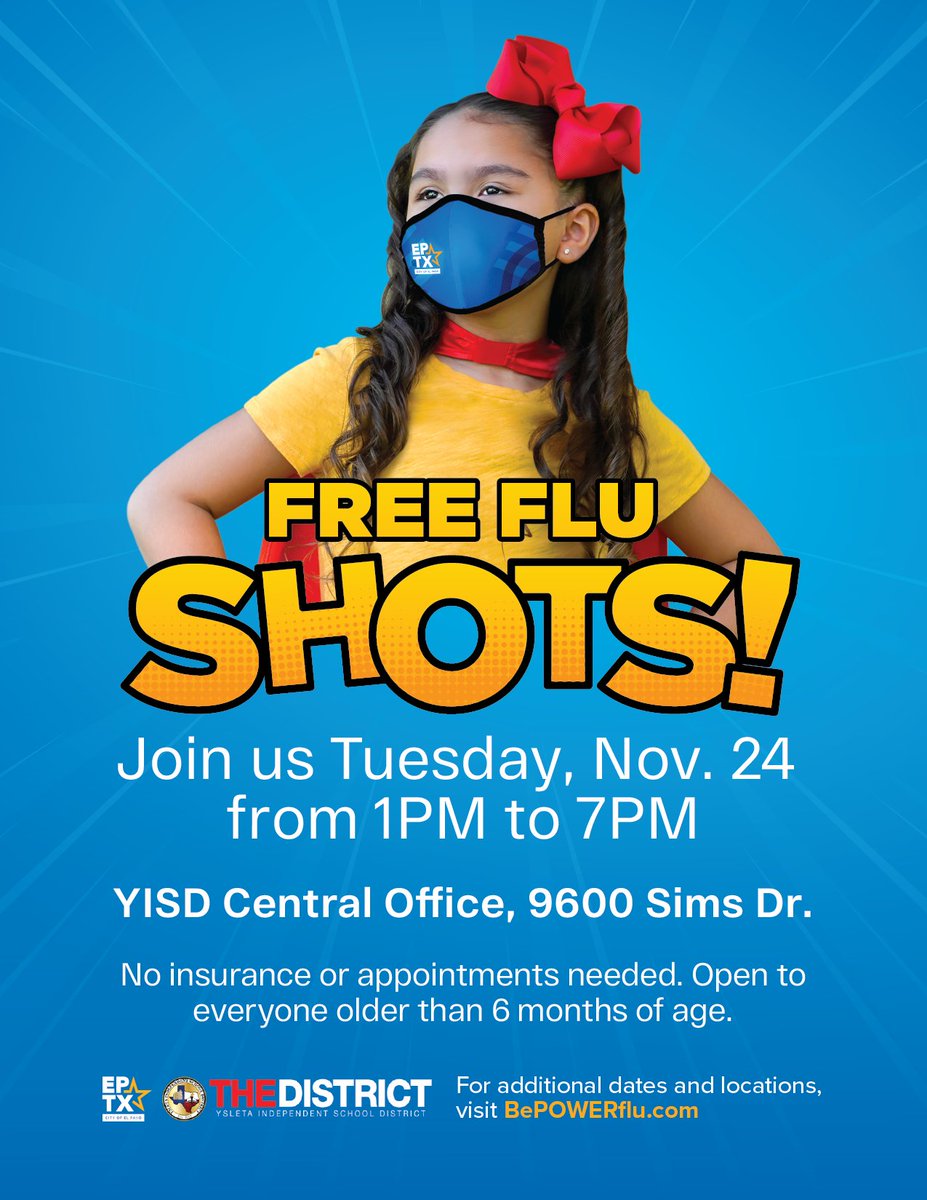 HenryRiveraEPD7's tweet photo. HAPPENING TOMORROW IN DISTRICT 7: @EPTXFire @EPPublicHealth & @YsletaISD offering FREE flu shots for YISD employees, students, families and all members of the community with no appointment or insurance needed.
YISD Central Office | 9600 Sims Dr. | 1-7 PM #BePowerFlu https://t.co/6dkJ5SIqdX