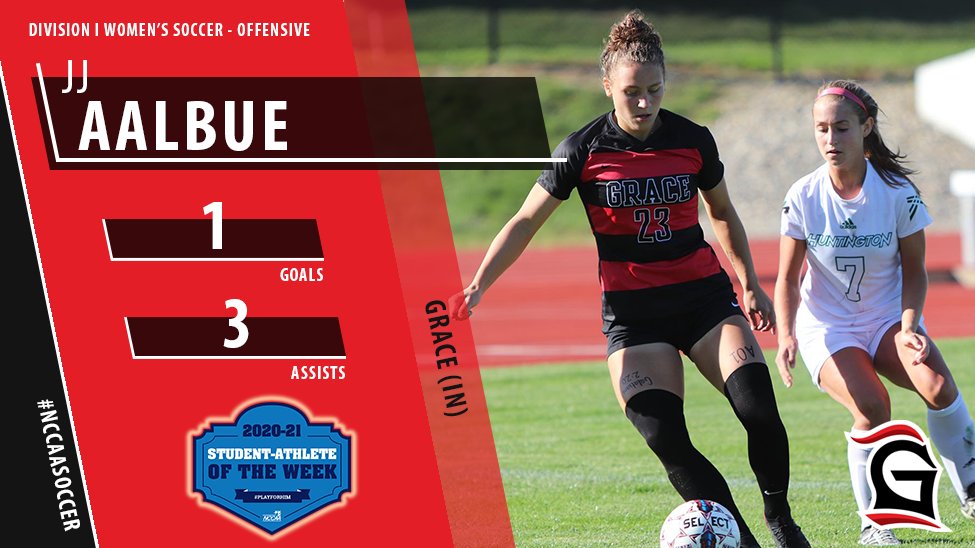Congratulations to JJ Aalbue of Grace College, DI Women's #NCCAASoccer (Offensive) Student-Athlete of the Week! #PlayForHim ow.ly/TnMg50CsC7p