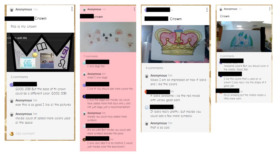 Finding creative ways for S’s at home to collaborate and interact with S’s in the classroom is FUN! Kiddos channeled their inner Egyptians to design and create a crown that represents who they are. They then displayed and critiqued each other’s crowns using Padlet! #learningisfun