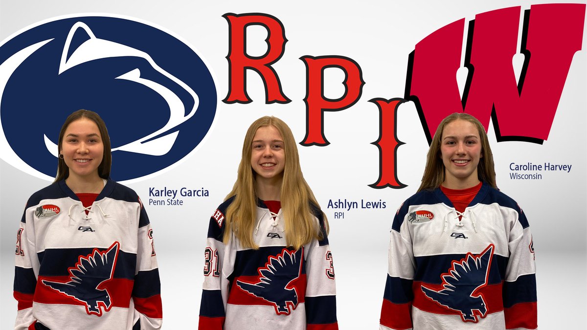 Huge congratulations to <a href="/karleygarcia20/">Karley Garcia</a> (<a href="/PennStateWHKY/">Penn State Women’s Hockey</a>), Ashlyn Lewis (<a href="/RPI_WHockey/">RPI Women’s Hockey</a>), and Caroline Harvey (<a href="/BadgerWHockey/">Wisconsin Hockey</a>) for signing their NLI last week #GoHawks