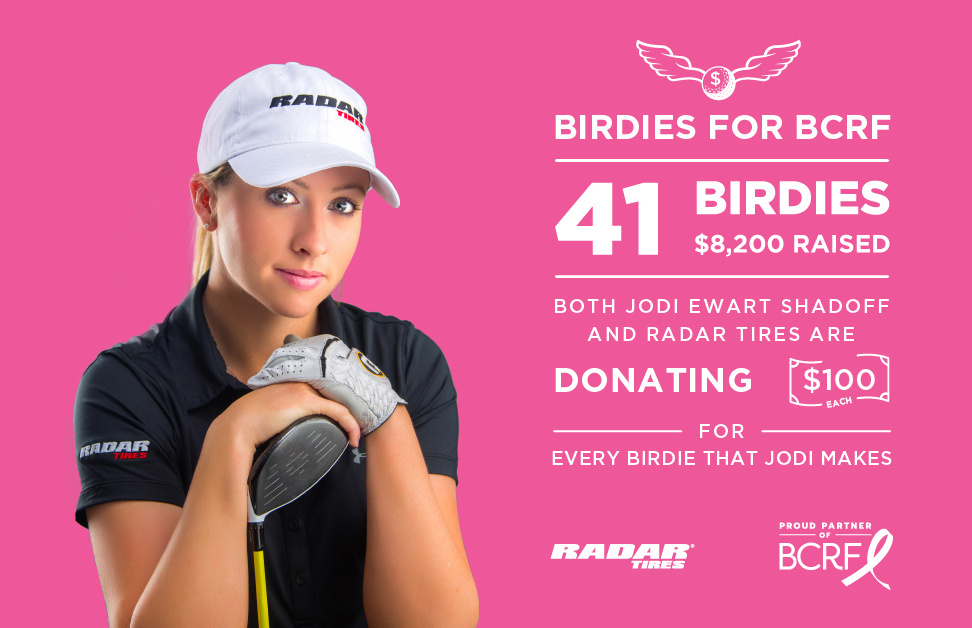 <a href="/RadarTires/">Radar Tires</a> and <a href="/Jodi_Ewart/">Jodi Ewart Shadoff</a> have collectively raised an additional $8,200 towards funding lifesaving breast cancer research though their Birdies for BCRF campaign. In October both had pledged to donate $100 to the <a href="/BCRFcure/">The Breast Cancer Research Foundation</a>, for every birdie that Jodi made in her tournaments.