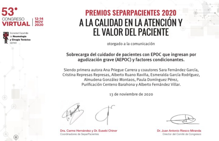 crisrep1's tweet photo. Seguiremos trabajando para mejorar la calidad en la atención a nuestros pacientes con EPOC. Gracias a @separpacientes por el premio. Enhorabuena a todo el equipo del estudio SocioEPOC!! @Alberto92959109 @albertoruano8 https://t.co/sgTwMfhHvV
