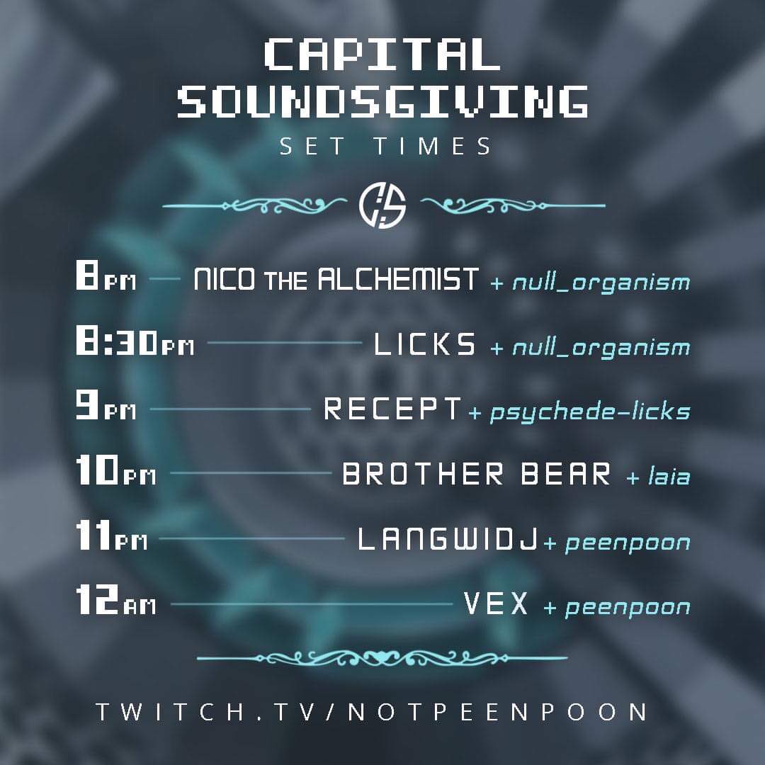 CapitalSound850's tweet photo. Capital Soundsgiving update:

We’re happy to announce that the very talented Laia will be joining our VJ lineup for the stream! Here are the set times and pairings. 

We’re looking forward to spending time with everyone virtually in chat this Saturday! https://t.co/WDMrrhqxXO