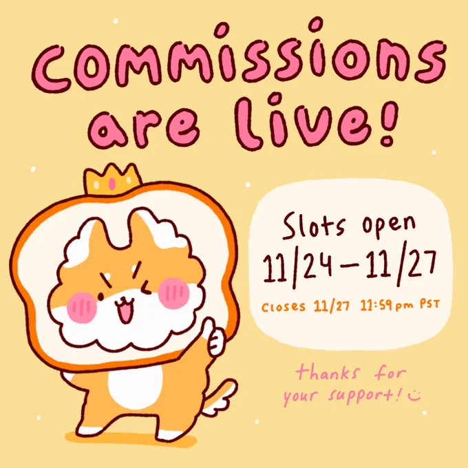 Beep boop! Commissions are live! Slots close on Friday, 11/27 at 11:59PM. Thanks for your support! ?✨

https://t.co/rvUXRbfQzb 