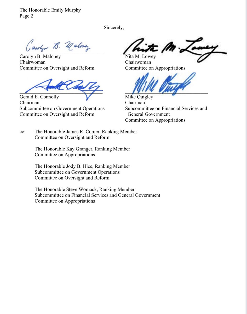 Dear  @GSAEmily“We cannot wait yet another week to obtain basic information about your refusal to make the ascertainment determination,” the Chairs wrote. “Every additional day that is wasted is a day that the safety, health, and well-being of the American people is imperiled...